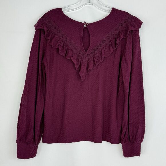 J.CREW Burgundy Ruffle Trim Honeycomb Knit Blouse Top Shirt Small - Picture 8 of 16